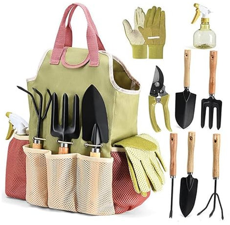9 PCS Garten Handwerkzeuge Kit Edelstahl Garten Werkzeug Kit mit Handtasche, Heavy Duty Outdoor Handwerkzeuge,Geschenke für Frauen Männer (pink)