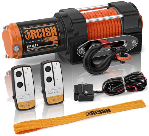 ORCISH Cabrestante eléctrico mejorado de 3500 libras de 12 V CC, kit de cabrestante ATV/UTV para remolque, cuerda sintética de 1/4 x 30 pies con control remoto inalámbrico de mano y recuperación de