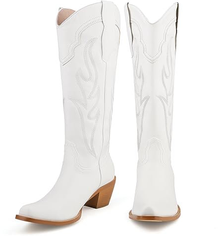 Voviggiw Stivali da cowboy ricamati da donna, senza lacci, stivali western, punta appuntita, stivali da cowgirl, per feste, bianco, 41 EU