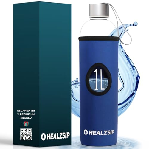 Botella Agua Cristal 1 Litro + Funda Neopreno + Guía + Calculadora | Botella Vidrio Borosilicato con Medición | Reutilizable y Apta para Lavaplatos | Glass Water Bottle | Ideal para Casa y Oficina