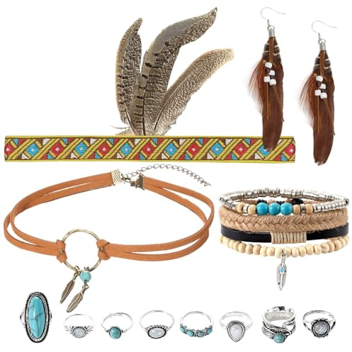 KIKVTER Boho Karneval Accessoires, Kostüm Damenm, Kopfschmuck Damen, Schmuck, Boho Schmuck Set mit Feder Stirnband, Feder Ohrringe, Lederhalskette Armband Ring,Hippie Tribal Mottoparty Karneval