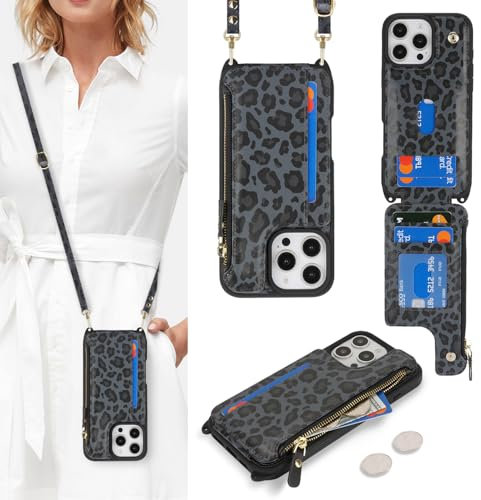 SailorTech for iPhone 16 Pro Max Phone Case with Credit Card Holder for Women, iPhone 16 Pro Max Leather Case Wallet Crossbody with Credit Card Slots Zipper Shockproof Case for Men - Black Leopard