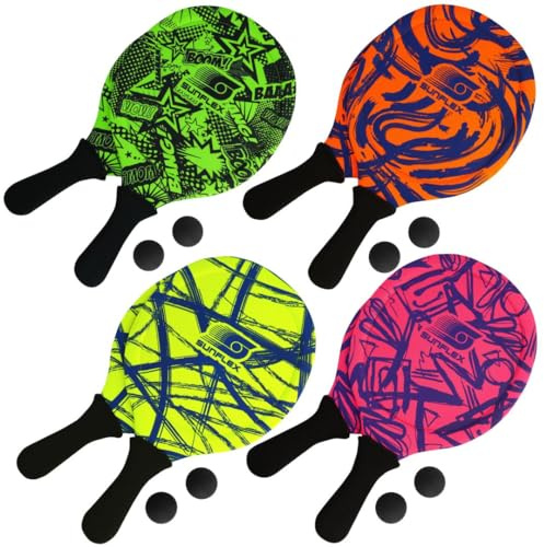 Sunflex® Jerseyprene Beachball Set Funky mit Zwei Schlägern und Zwei Bällen | weich und leicht | extrem robust und wasserfest | Schlägerspiel für Strand und Wiese