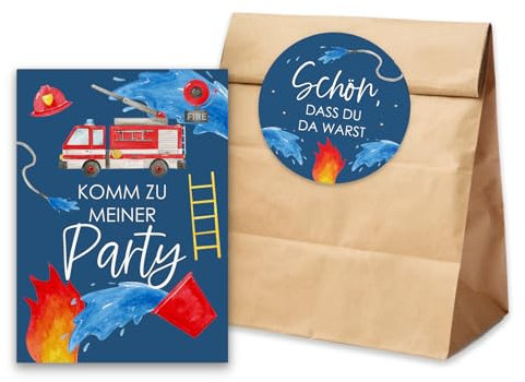 Nastami 10 x Einladungskarten Kindergeburtstag + 10 Tüten inkl. Sticker Mitgebsel Kindergeburtstag (Feuerwehr)