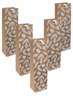 SIGEL Premium Flaschen Geschenktüten aus Papier Tannenzapfen 5er Set | GT132/5, Für Flaschenpräsente mit weihnachtlichem Design, 35 x 10 cm