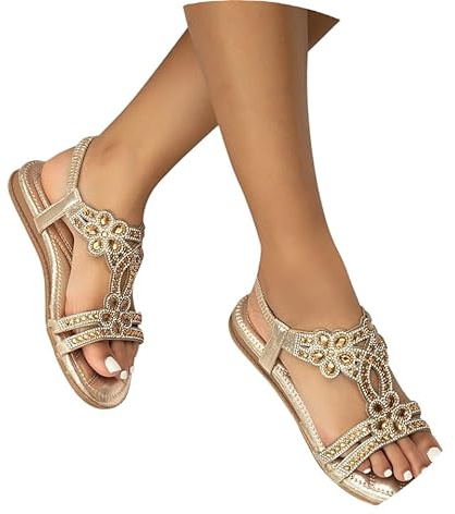 Sandalen Damen Sommer Elegant - Flache Böhmischer T-Riemen Frauen Sandalen Weichen Sohlen Sommerschuhe Glitzer Flip Flops Gummiband Slingback Mädchen Strandschuhe 001b Gold Damen, 40