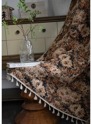 Tokusyou Vintage Braun Blumen Vorhänge Landhausstil Gardinen Blickdicht Leinenoptik Boho Jacquard Baumwolle Vorhange mit Quaste Rod Pocket für Wohnzimmer Küche Schlafzimmer 1 Stück B150×H240cm