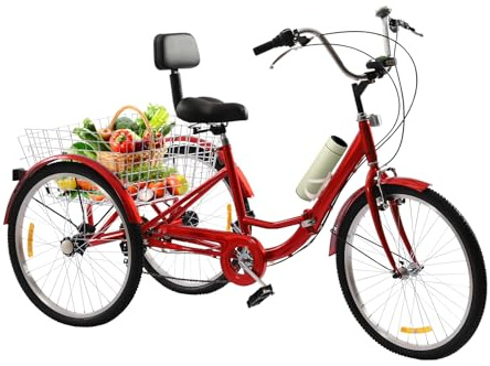 Loohacp 24-Zoll Dreirad Erwachsenenfahrrad mit 7-Gang LED Licht Gemüsekorb, geeignet für Männer und Frauen, Einkaufs- und Haushaltsdreirad mit großem Kapazitätskorb (Rot)