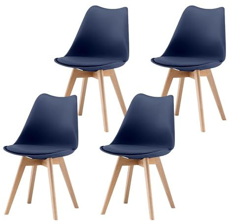 Garvishk Garvis Esszimmerstühle 4er Set mit Massivholz Beinen Sitzpolster aus Kunstleder Gepolsterter Stuhl Küchenstuhl Holz für Schlafzimmer, Wohnzimmer (Marineblau)