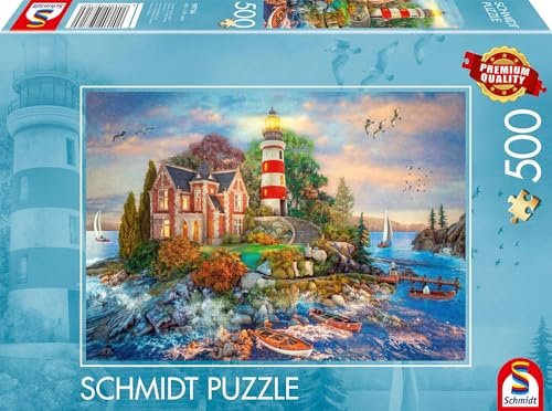 Schmidt Spiele 59716 Leuchtturm am Felsen, 500 Teile Puzzle, Blau, Weiß, Grün