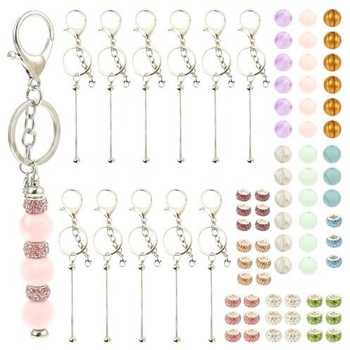 Kuanght 84 Pcs Beadable Keychains Set, Blank Beaded Keychain for DIY Making Accessories, Metal Keychain Blanks with Silicone and Rhinestone Beads
