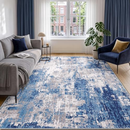 INOVADAY Abstrakt Waschbarer Teppich 183x274 cm Blau/Grau | Teppich Wohnzimmer, Teppich Waschbar, Schlafzimmer, Esszimmer, Büro, Moderne Minimalistische, Kurzflor Weich Rutschfest, OEKO