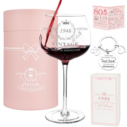 80th Birthday Gifts for Women, Vintage 1946 Platinum Print Wine Glass | Happy 80 Year Old Gift Ideas: 16Oz Wine Glass, Greeting Card, Keychain, 80th Birthday Decorations for Her, Wife, Friends