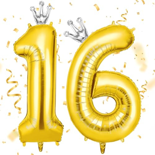 AOOSU Geburtstag Zahlen Luftballon 16 Gold, 40 Zoll Geburtstagsdeko Ballon 16, Riesige Folienballon mit Krone Helium Ballons für Mädchen Junge Geburtstagsparty Deko, Jubiläum Deko