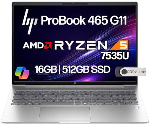 HP ProBook 465 460 G11 - Laptop de negocios de 16 pulgadas, pantalla FHD+, AMD Ryzen 5 7535U, 16 GB DDR5 RAM, 512 GB NVMe, Wi-Fi 6E, RJ-45, cámara web, teclado retroiluminado, Win 11 Pro, plástico