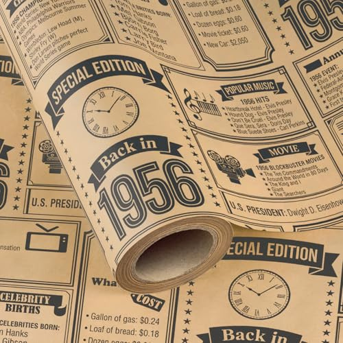 WRAPAHOLIC Kraft 70th Birthday Wrapping Paper for Women Men - Mini Roll - 17 Inch x 16.5 Feet - Back in 1956 Vintage Newspaper Kraft Wrapping Paper for 70 Year Old Birthday, Mom Dad Grandma Grandpa
