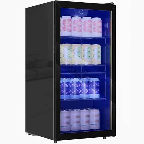 HOMCOM Réfrigérateur à Boissons 93 L, Frigo à Boissons 115 Canettes, Porte Vitrée, Étagères Réglables, Éclairage LED et Contrôle de la Température, pour Bière, Sodas et Coca, pour Maison Bureau, Noir