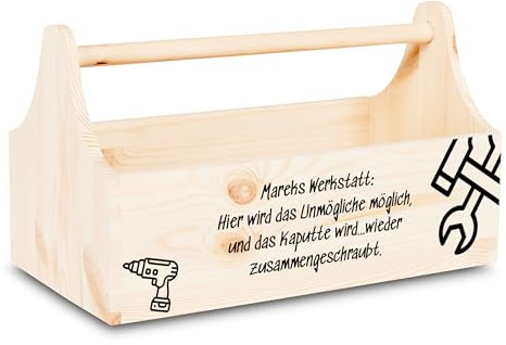 Pinus Werkzeugkiste personalisierbar 34x18x20,5 cm mit Griff Naturholz | Kiefernholz, Wunschtext Name Beschriftung, offene Form, für Werkzeug DIY Werkstatt, stabiler Tragegriff