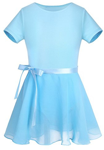 TiaoBug Mädchen Ballettkleidung Set Ballettkleid Ballettanzug + Wickelrock zum binden Tanz Sport Ballett Body Trikot Turnanzug Gymnastikanzug Kurzarm/Ärmellos Blau 98-104/3-4 Jahre