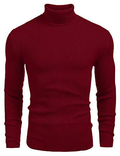 COOFANDY Men's Jumpers Turtle Neck Cable Knitted Jumpers Slim Fit Pollover Sweater Wine Red