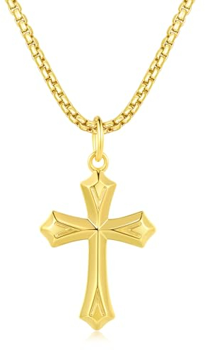 FANCIME 925 Sterling Silber Gelb Gold Vergoldet Kreuz Anhänger Gotisch Poliert mit Edelstahl Kette für Herren Jungs Kinder - Kettenlänge: 60 cm
