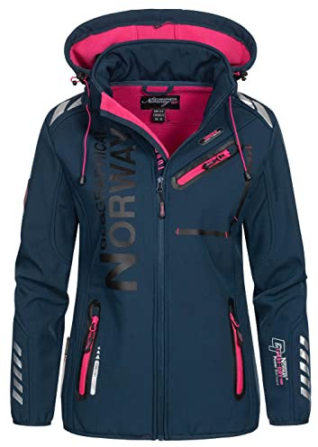 Geographical Norway REINE LADY - Giacca Softshell Impermeabile Donna - Giacca Cappuccio Softshelljacke - Giacca Invernale Antivento - Attività All'aperto Regolabile (Marina/Rosa L) Taglia 3