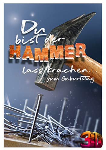 KE - 3D Effekt Geburtstagskarte, Lustige Klappkarte im DIN B6 Format inkl. Umschlag - Motiv: Hammer