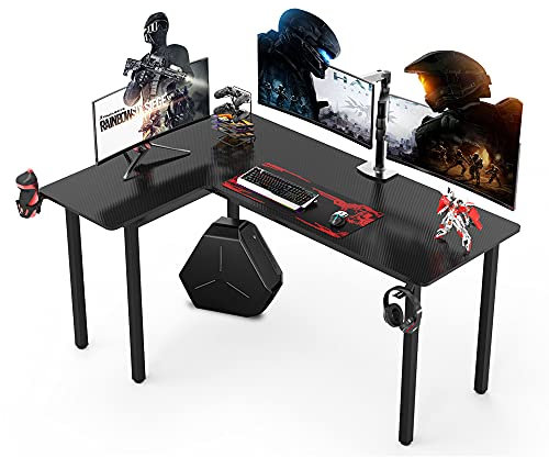 Dripex L shaped 145cm Corner Gaming Desk Large Carbon Fiber Desktop Surface, with Cup Holder,Mouse Pad,Gamepad & Headphone Holder Computer Table Workstation (L-Shape Left)