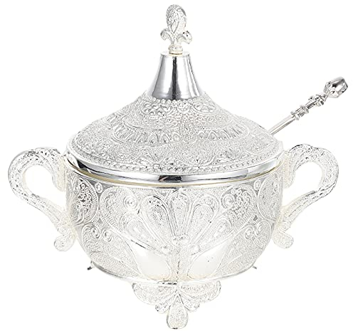 HEMOTON Vintage-Zuckerdose aus Metall, Gewürzdose, Gewürzdose, Gewürzbehälter, Schmuck-Organizer mit Deckel und Löffel, für Küche, Theke, Lebensmittelaufbewahrung, Silber