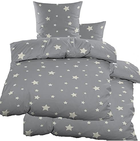 KH-Haushaltshandel 4-TLG. Biber Winter Bettwäsche 2X (135 x 200 + 80x80 cm), grau Silber, Sterne, Baumwoll Mischgewebe (40133)