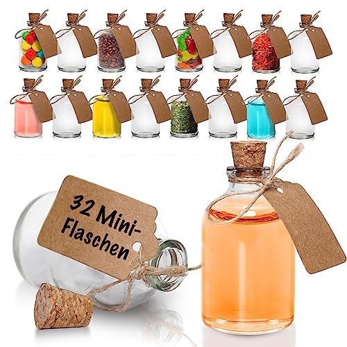 volila Mini Glasflaschen mit Korken - 32 x 50 ml Kleine Glasflaschen zum Befüllen - Kleine Flaschen Ideal als Hochzeit Deko oder als Hochzeit Gastgeschenk - Inkl. Gummitrichter, Etiketten und Schnur