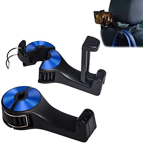 Car Seat Hooks for Purses and Bags with Phone Holder, Universal Car Headrest Storage Organizer Hanger Hook with Lock, 360° Rotation Headrest Hooks, 2 in 1 Car Headrest Hooks, 2 Pack, Blue