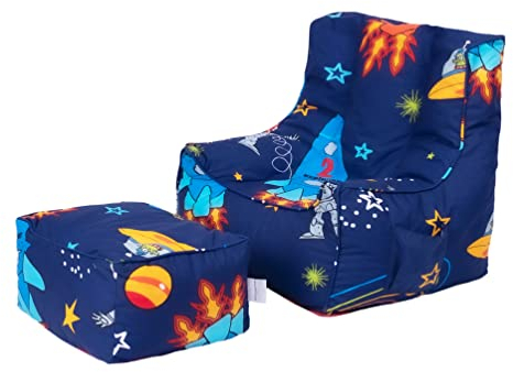 Ready Steady Bed Kinder Sitzsack mit Fußhocker |weicher und sicherer Sitz zum Spielen für Ihr Kind | Ergonomisch gestalteter Kleinkind Sessel | Comfy Kindermöbel (Weltraum Junge)