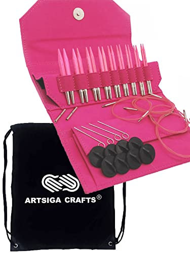 Lykke Blush 9 cm, Rundstricknadeln, Standard-Set, austauschbar, aus Birkenholz (US 3–10,5 / 3,25–6,5 mm), für Baby-, DK-, Worsted- und Chunky-Garn, mit 4 drehbaren Kabeln, Fuchsia-DM-Etui und