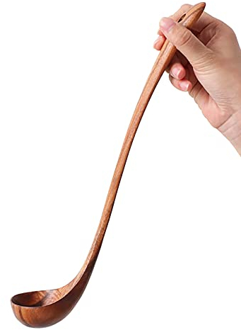 UPTALY 12.6 inch Extended Handle Wooden Ladle, No Paint Applied, 100% Natural Teak Wood Cooking Spoon, Handmade Round Soup Ladles Set, Japanese Ladle with Long Handle, for Non-Stick Cookware