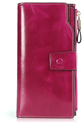 Demon&Hunter Geldbörse Damen Leder RFID Schutz Große Kapazität Lang Portmonee 21 Kartenfächer Leder Clutch Rosenrot DZA2083RR