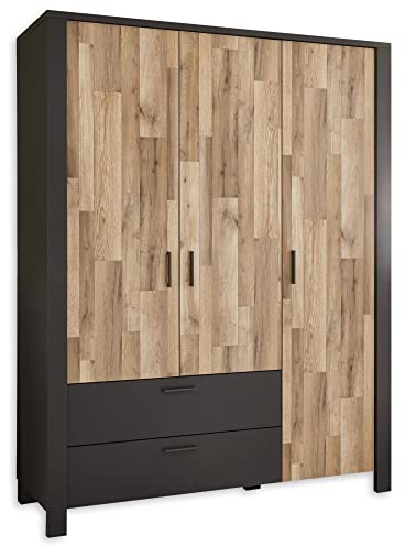 DALLAS Kleiderschrank in Montana Oak Optik, Graphit - Drehtürenschrank 3-türig mit viel Stauraum für das Jugendzimmer - 166 x 214 x 58 cm (B/H/T)