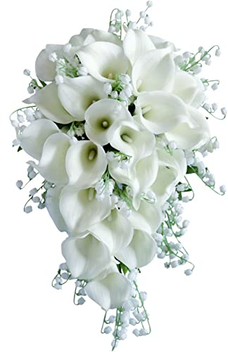 Fouriding Bouquet da sposa con calle, giglio, cascata, fiori artificiali, per cerimonie, anniversari, addio al nubilato, feste, matrimoni