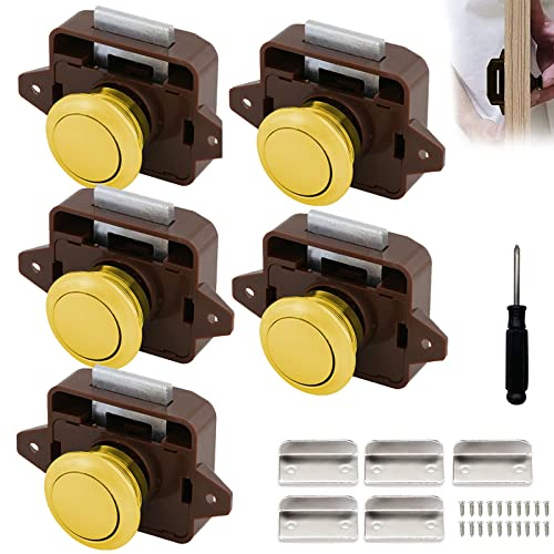 5 Stück Wohnmobil Schlösser, Metall Push Button Catch Door Lock Möbelschloss Schrank Schloss Cabinet Locks Drehknopf Schloß Tür Verschluss für Wohnmobil Caravan Yacht Schrank Tür, Braun