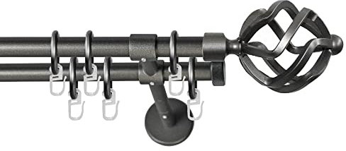Garesa Gardinenstange Rustika Ø 16mm, 2-läufig, Graphite I Rustikale Vorhangstange aus Metall inkl. Ringe + Faltenlegehaken I Mit Endknopf Korb I 220cm