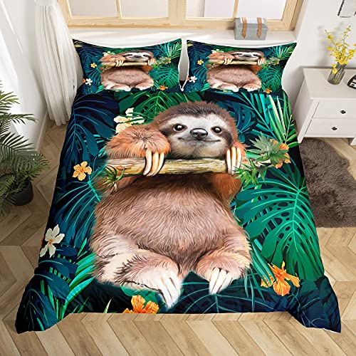 Homemissing Niedliches Faultier Kinder-Bettwäsche-Set, Cartoon, Tier, für Jungen, Mädchen, lustig, Faultier, tropisch, Blätter, Blumendruck, Bettwäsche, Set, 140 x 200 cm, Zimmerdekoration, Thema