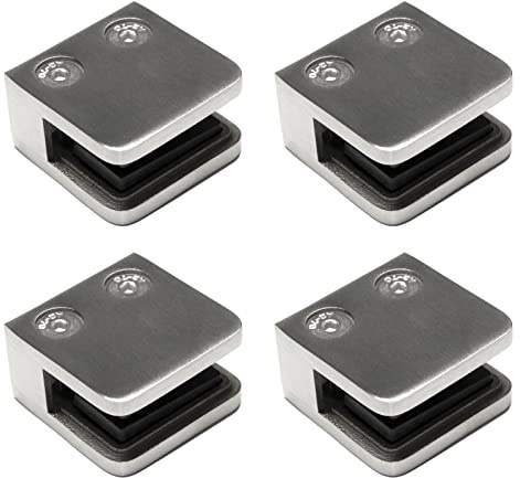 PRIOstahl Glashalter 4 Stück Glasklemmen Klemmhalter Glasplattenhalter Eckig 45 x 45 x 26 mm Anschluss: Flach für Glas 6 mm Geländer Handlauf Balkon aus Edelstahl V2A