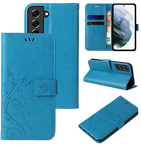 LBH Handy Hülle für Samsung Galaxy S21 5G Case Handytasche Schmetterling Blumen Flower Standfunktion Schutzhülle Magnet Rundum Schutz 360 Grad Flipcase Cover Blau