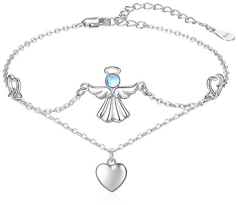 KINGWHYTE Mondstein Engel Armband 925 Sterling Silber Wächter Layered Armband Mondstein Schmuck Schutzengel Geschenk Für Frauen Mädchen Ehefrau Freunde