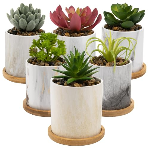 Indeka Home Ceramic Artificial Plants Indoor - Set of 6 Mini Artificial Plants in Ceramic Plant Pots - Great Home Decor - Amazing Accessory for Bathroom, Kitchen, Bedroom, Office, Desk or Garden