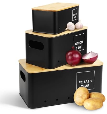 Lannvan Boite Pomme de Terre, Lot de 3 Rangement Oignons Ail Pomme de Terre, Boite Oignon, Boite Ail, Boîte de Conservation avec Couvercle en Bois, Boite Rangement Cuisine(Noir)