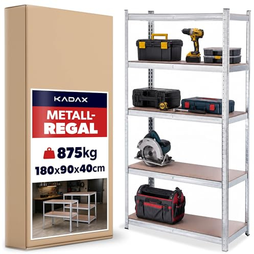 KADAX Metallregal, Kellerregal aus Metall, Schwerlastregal für Gartengeräte, Stabiles Werkstattregal mit 875 kg Traglast, Garagenregal für Autoteile, Regalsystem, Lagerregal (Silber 180x90x40 cm)