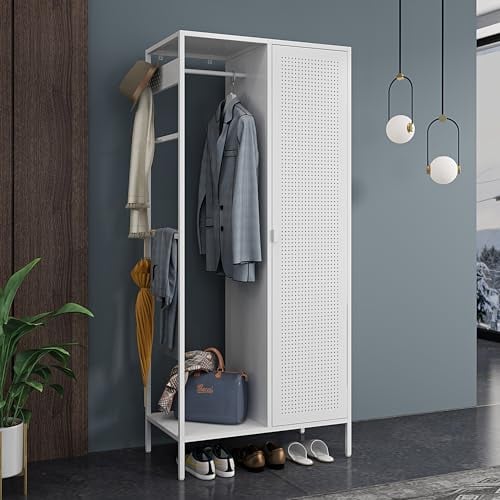 [en.casa] Armadio per Guardaroba Mobile in Metallo per Organizzare Vestiti Barra Appendiabiti Scomparti Porta Abiti con Anta 180 x 80 x 45 cm Bianco