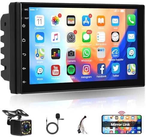 Android Autoradio 2 Din con GPS Navi WiFi Bluetooth Vivavoce Mirror Link ISO Cavo 7 Pollici Touchscreen Autoradio con Bluetooth FM Radio DAB/OBD/DVR/EQ/USB/MIC Comandi al Volante Telecamera Posteriore