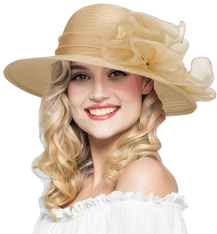 Eohak Damen Organza Kirchenhut - Derby Fascinator Hut, Teeparty, Hochzeit, formelle Anlässe, Schwarz, Einheitsgröße, Champagner, Medium